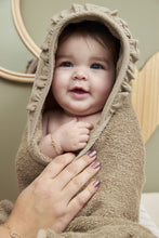 Load image into Gallery viewer, Hooded Towel Terry Ruffle Taupe
